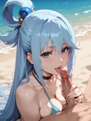1boy ai_generated aqua_(konosuba) bangs bare_shoulders beach bikini black_choker blue_bikini blue_eyes blue_hair blush breasts brokewyt choker cleavage collarbone day erection fellatio female hair_between_eyes hair_ornament hair_rings kono_subarashii_sekai_ni_shukufuku_wo! large_breasts licking licking_penis long_hair looking_at_viewer medium_breasts ocean open_mouth oral outdoors penis sand smile solo_focus straight swimsuit tongue tongue_out uncensored upper_body water