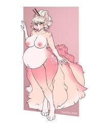 2025 absurd_res accessory anthro belly big_belly breasts canid canine chest_tuft claws cleavage clothed clothing cream_hair crossed_legs female flower fox fox_spirit fur generation_1_pokemon genitals glistening glistening_belly hair hair_accessory hair_bun hair_sticks hand_on_tail hi_res inner_ear_fluff karipup leaning_on_wall looking_at_viewer mammal markings multi_tail navel ninetales nintendo nipples nude outie_navel pink_body pink_fur pink_nipples pink_nose plant pokemon pokemon_(species) pregnant pregnant_anthro pregnant_female pussy sasha_valiski solo spots spotted_markings standing swimwear tail teal_eyes thick_thighs tuft two-piece_swimsuit