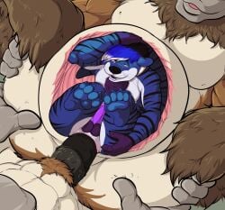 abs anal anal_sex anal_vore anthro anus ass balls belly big_penis blue_body bodily_fluids brother_(lore) brother_penetrating_brother brothers_(lore) brown_body brown_fur colored deer erection feet fur genitals group hair hi_res holding_butt hybrid incest_(lore) internal male male/male mammal multicolored_body mustelid new_world_deer open_mouth otter pandottermon penetration penis pubes reindeer samson_baxter_(pandottermon) sebastian_baxter_(uncleseb) sibling_(lore) spread_butt spreading trio vore white_body