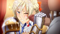 blonde_hair censored character_request chijoku_no_onna_kishi clenched_teeth cum cum_on_clothes cum_on_hair cum_on_upper_body facial fat_man handjob long_hair lune penis