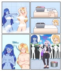 3girls breasts comic covering embarrassed female nude shower stolen_clothes tagme uc-four