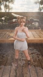 1girls 3d 3d_(artwork) 3d_model 3d_render bath_towel blonde_hair blue_eyes dead_or_alive hair_bun highres hot_spring hotsprings hourglass_figure in_water long_hair looking_at_viewer marie_rose runevv short_female small_breasts standing standing_in_water towel towel_only young_female