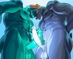 anthro anubian_jackal barazoku biped canid canid_demon canine canis catn1p cerberus_(fortnite) demon dislyte drew_(dislyte) duo epic_games fortnite genitals hellhound hi_res humanoid_genitalia humanoid_hands humanoid_penis jackal lilith_games male male/male mammal muscular muscular_anthro muscular_male mythological_canine mythological_creature mythology penis