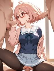3boys ahoge ai_generated balls bangs black_legwear black_pantyhose blue_skirt blush bob_cut breasts brown_eyes brown_hair cardigan clothed_female clothed_female_nude_male clothed_sex clothing cowgirl_position erection eyewear fellatio female gangbang glasses group group_sex indoors kuriyama_mirai kyoukai_no_kanata legwear long_sleeves male medium_breasts milfhunter228 multiple_boys multiple_penises nipples nude nude_male on_top open_cardigan open_clothes oral pantyhose penis pink_cardigan pink_hair pinky_out pleated_skirt red-framed_eyewear ribbon sailor_collar school_uniform serafuku sex shirt short_hair sitting skirt solo_focus spread_legs straddling straight tekoki testicles torn_clothes torn_legwear torn_pantyhose uniform vagina vaginal_penetration white_shirt