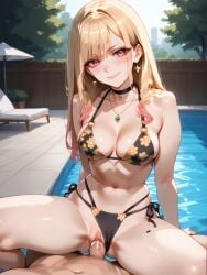 1boy ai_generated bangs bare_shoulders bikini bikini_bottom_aside black_bikini black_choker blonde_hair blush breasts brokewyt choker cleavage closed_mouth clothed_sex clothing_aside collarbone colored_tips cowgirl_position cowgirl_position day ear_piercing earrings female floral_print gradient_hair gyaru jewelry kitagawa_marin large_breasts long_hair looking_at_viewer medium_breasts mosaic_censoring multicolored_hair navel necklace outdoors penis piercing pool poolside pov print_bikini pussy red_eyes sex side-tie_bikini_bottom smile solo_focus sono_bisque_doll_wa_koi_wo_suru spread_legs stomach straddling straight swimsuit thighs tree uncensored vaginal_penetration water wet