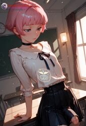 1boy ai_generated balls blue_eyes choker day daytime femboy flaccid flaccid_penis flat_chest high_resolution highres ilfb looking_away looking_down more_at_source original original_character otoko_no_ko petite petite_body pink_hair school school_chair school_desk school_uniform schoolgirl schoolgirl_uniform short_hair skirt skirt_around_belly skirt_lift skirt_only solo solo_focus solo_male testicles trap window young younger_male