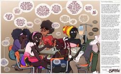 1boy 5girls 5girls1boy afro after_sex big_breasts bike_shorts black-skinned_female black_skin breasts breasts_on_table capri_pants choker clothed cousins crayon_shin-chan dark-skinned_female dark_skin eating english_text facepalm food green_eyes harem huge_breasts kenyan large_breasts light-skinned_male light_skin original shortstack sisters small_breasts sparrow_(artist) style_parody swahili_text table text text_focus thick_lips translated very_dark_skin whited