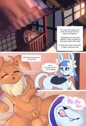 absurd_res accessory animal_genitalia animal_penis balls bedding bedding_background blue_eyes brown_body brown_fur canid canine closed_eyes comic comic_panel detailed_background duo eevee eeveelution english_text eti_(utopianvee) female feral flower flower_in_hair fur generation_1_pokemon generation_4_pokemon genitals glaceon hair hair_accessory hi_res larger_female lying male mammal mochi_(snowyembers) morning nintendo on_back penis plant pokemon pokemon_(species) sheath size_difference sleeping smaller_male speech_bubble tea_party_style_glaceon text tired utopianvee