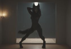 ai_generated anthro anthropomorphic beautiful bedroom big_breasts black_fur black_hair breasts breeding_request female fluffy_tail fur furry furry_only in_heat inviting_to_sex looking_at_viewer mal0 scp scp-1471 scp_foundation seductive seductive_look seductive_smile sexy sexy_body sexy_pose tits_out wet_pussy white_eyes wolf wolf_ears wolf_girl wolf_humanoid
