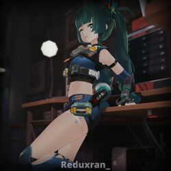 alternate_version_available armwear choker clothed clothed_female clothing female female_focus female_only fingerless_gloves fully_clothed fully_clothed_female gloves green_eyes green_hair long_hair looking_at_viewer new_eridu_public_security open_mouth pigtail qingyi_(zenless_zone_zero) reduxran sfw sfw_version skimpy skimpy_outfit solo solo_female solo_focus zenless_zone_zero