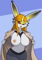 anthro areola big_breasts black_fingernails black_nails breasts cinderace clothing coat colored_nails danya_(anewkindofcreature) female fingernails flashing flashing_breasts generation_8_pokemon genitals hair hi_res n1chts_(reignfall) nails nintendo orange_areola orange_hair pokemon pokemon_(species) pussy red_eyes solo tan_trenchcoat topwear trenchcoat