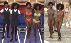 1boy 3d 3girls ball_gag bikini bound_ankles completely_nude completely_nude_female dark-skinned_female dark-skinned_male dark_skin flight_attendant gag gagged getyourclothesoff multiple_girls nude nude_female orange_bra orange_panties original sequence underwear