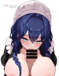 1boy absurdres areola_slip bar_censor black_dress blue_eyes blue_hair blush braid breasts censored commentary dress english_commentary fellatio female hair_between_eyes hair_intakes hat highres hololive hololive_english hololive_english_-council- hololive_english_-promise- huge_breasts licking licking_penis long_hair looking_at_viewer low_twin_braids maid namiorii oral ouro_kronii ouro_kronii_(maid) paizuri patreon_username penis simple_background solo_focus twin_braids twitter_username virtual_youtuber white_background white_hat