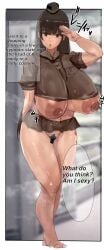blush breasts brown_eyes brown_hair buchubuchuneet censored dark_nipples english_text female girls_und_panzer huge_areolae huge_breasts huge_nipples hypnosis impossible_clothes looking_at_viewer mature_female microskirt milf mind_control navel nipples nishizumi_shiho open_mouth plump pubic_hair salute solo