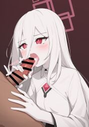 1boy afe. bar_censor blue_archive blush censored commentary cum cum_in_mouth cum_on_tongue fellatio female hair_between_eyes halo kei_(blue_archive) kei_(new_body)_(blue_archive) licking licking_penis long_hair oral penis pink_halo rectangular_halo red_eyes straight textless_version tongue tongue_out white_hair