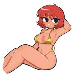 1girls ahoge arm_behind_head arm_up armpits bikini black_eyes cdromarts female freckles freckles_on_face freckles_on_hips freckles_on_knees freckles_on_shoulders golden_week kim_pine light-skinned_female light_skin red_hair scott_pilgrim short_hair solo solo_female yellow_bikini