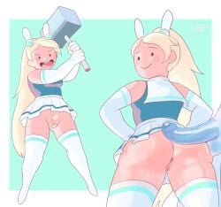 0chin 2023 adventure_time adventure_time:_fionna_&_cake anus ass blonde_hair blue_skin blush bunny_ears cartoon_network female female_focus fionna_and_cake fionna_campbell fionna_the_human_girl gloves hair hammer highres holding holding_object human ice_prince imminent_sex looking_back no_panties penis pubic_hair pussy sailor_uniform thick_thighs thighhighs thighs uncircumcised upskirt