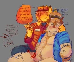 007n7_(forsaken) 2boys blush burger cockring elliot_(forsaken) forsaken_(roblox) fully_clothed hairy_male horns mostly_clothed mullet_(hairstyle) pizza pizzaburger praise sounding_rod tagme wagging_tail