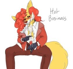 animal_genitalia anthro asmodite blush bodily_fluids canid canine canine_genitalia clothing cum delphox eyewear fangs fennec_fox fluffy fox generation_6_pokemon genital_fluids genitals glasses hair long_hair male mammal masturbation nintendo pokemon pokemon_(species) shirt simple_background solo suit teeth temptation topwear trapixen true_fox unbuttoned_pants unbuttoned_shirt white_background