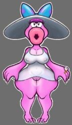 anthro big_hat birdo birdo_(character) bow_ribbon clothing female genitals half-closed_eyes hat headgear headwear hi_res lips makeup mario_bros narrowed_eyes nintendo nipple_piercing nipples nude piercing pink_body pink_skin pussy ring slimey_art solo sun_hat thick_lips translucent translucent_clothing