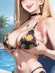 ai_generated bangs bare_shoulders bikini black_bikini black_choker blonde_hair blush breast_lift breasts brokewyt choker cleavage collarbone colored_tips day earrings female floral_print gradient_hair jewelry kitagawa_marin large_breasts long_hair looking_at_viewer multi-strapped_bikini multicolored_hair nail_polish navel necklace open_mouth outdoors piercing pink_nails pool print_bikini red_eyes side-tie_bikini_bottom sky smile solo sono_bisque_doll_wa_koi_wo_suru string_bikini swimsuit teeth tongue tongue_out tree uncensored upper_body