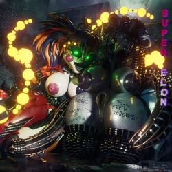 3d_(artwork) animatronic anthro anus bear big_breasts body_writing breasts dark_nipples digital_media_(artwork) duo english_text exposed_endoskeleton female genitals glowing glowing_eyes green_eyes hi_res humanoid inside lips looking_at_viewer machine mammal molten_freddy_(fnaf) mtf_crossgender open_mouth pseudo_hair pussy robot robot_anthro robot_humanoid rule_63 scrap_baby_(fnaf) sitting sitting_on_ground super_elon text thick_thighs twintails_(hairstyle) watermark wide_hips wire