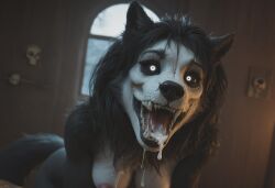 ai_generated anthro anthropomorphic beautiful bedroom big_breasts black_fur black_hair breasts breeding_request cum_dripping_from_mouth cum_in_mouth cum_on_breasts cumshot female fluffy_tail fur furry furry_only impregnation_request in_heat inviting_to_sex looking_at_viewer mal0 scp scp-1471 scp_foundation seductive seductive_look seductive_smile sexy sexy_body sexy_pose tits_out wet_pussy white_eyes wolf wolf_ears wolf_girl wolf_humanoid