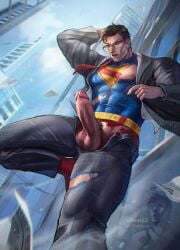 big_penis blue_sky building buildings city city_background clark_kent clothing dc dc_comics erection flying glasses hard_on male_only muscular muscular_male nihun pubes pubic_hair public_exposure public_nudity superhero superman superman_(clark_kent) veiny_penis
