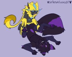 5:4 anthro duo eeveelution english_text generation_2_pokemon generation_7_pokemon hi_res legendary_pokemon male male/male nintendo pokemon pokemon_(species) profanity sylveonfuckoff text umbreon zeraora