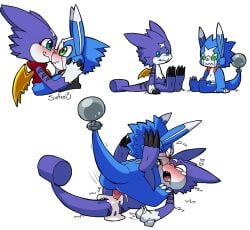 absurd_res anal appmon_(species) bandai_namco blue_body blue_eyes blush bodily_fluids cel_shading claws cum digimon digimon_(species) dokamon duo fangs genital_fluids green_eyes gumdramon hi_res love male male/male orgasm orgasm_face purple_body sex shaded simple_background sinfrou spikes tail tears tears_of_pleasure teeth tusks white_background wings zigzag_mouth