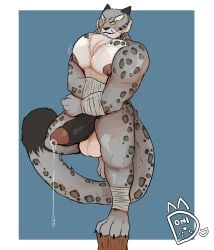 absurd_res anthro bandage bandaged_arm bandaged_leg bodily_fluids chest_tuft donisette dreamworks dripping erection felid flexing_pecs genital_fluids genitals hi_res humanoid_genitalia kung_fu_panda leaking_precum long_tail looking_at_viewer male mammal markings nipples pantherine pec_squeeze precum precum_drip snow_leopard solo spots spotted_body tai_lung_(kung_fu_panda) tail tuft