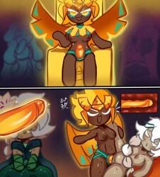 beckoning clothed_female cookie_run cookie_run_kingdom dark-skinned_female gold_strap-on golden_cheese_cookie lifting_leg nude_female penis penis_awe strap-on strap-on_sex tagme white_lily_cookie