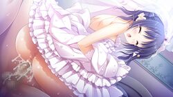 3-nin_iru! anus bell blush censored closed_eyes cum cum_in_pussy dress elbow_gloves female game_cg gloves nakase_nagisa open_mouth penis purple_hair pussy sex suzui_narumi vaginal_penetration wedding_dress