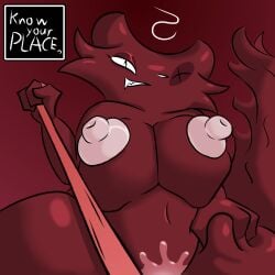 absurd_res anthro areola artificer_(rain_world) big_breasts bodily_fluids breasts duo eyeshadow female first_person_view hi_res iloveslutyshortstax leash makeup male male/female nipples offscreen_sex rain_world red_body shaded slugcat smile smirk smug soft_shading tail text text_box videocult white_areola