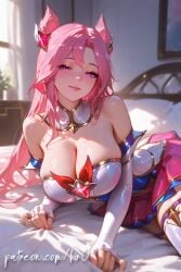 ahri_(league_of_legends) ai_generated animal_ears bangs bare_shoulders bed bed_sheet blush breasts cleavage clothing curtains detached_sleeves dress earrings elbow_gloves female fingerless_gloves fox_ears gloves hair_ornament indoors jewelry k/da_all_out_series k/da_series kai'sa large_breasts league_of_legends legwear long_hair looking_at_viewer lying male mole mole_under_eye on_bed parted_lips pillow pink_eyes pink_hair pink_nails pink_skirt purple_eyes riot_games sitting skirt smile solo solo_focus star_guardian star_guardian_(league_of_legends) star_guardian_kai'sa star_guardian_series straight thighhighs thighs white_gloves white_legwear white_thighhighs window
