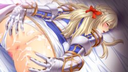 anus armor armored_dress armored_gloves ass ass_up ass_up_face_down asscheeks blonde_hair blue_eyes censored character_request chijoku_no_onna_kishi closed_eyes cum cum_on_ass defeated_heroine face_down_ass_up hairbow holding_asscheeks_apart long_hair lune on_bed post_orgasm pussy red_bow red_bow_ribbon ribbon_in_hair