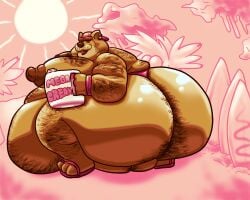 5:4 anthro big_breasts big_nipples body_hair breasts butt_hair chest_hair clothing domestic_cat donutboy_(paprikachunk) duo felid feline felis hairy hi_res huge_breasts huge_nipples hyper male male/male mammal morbidly_obese nipples obese overweight solo telstartelstar thong underwear