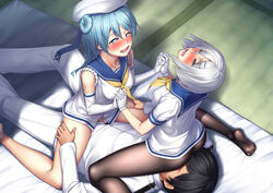 1boy 2girls admiral_(kantai_collection) blue_eyes blue_hair blush bottomless clothed_sex cunnilingus elbow_gloves facesitting gloves h_kasei hamakaze_(kantai_collection) kantai_collection long_hair multiple_girls no_pants oral pantyhose personification school_uniform serafuku sex short_hair silver_hair urakaze_(kantai_collection) vaginal_penetration