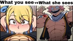 1boy 1boy1girl 1girls abs ai_generated big_penis blonde_female blonde_hair blowjob fairy_tail fellatio female high-angle_view kneeling looking_at_viewer looking_down low-angle_view lucy_heartfilia meme mullon muscular muscular_male natsu_dragneel novelai open_mouth oral penis pink_hair ponytail straight what_you_see_vs_what_she_sees