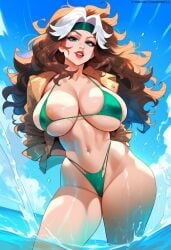 2d ai_generated big_breasts bikini brown_hair female female_focus female_only highleg jacket marvel marvel_comics rogue_(x-men) solo solo_female solo_focus tagme two_tone_hair water wet_body x-men