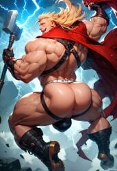 abs ai_generated anus ass ass_focus bara biceps big_ass big_butt big_muscles big_thighs blonde_hair bubble_ass bubble_butt bulge butt_focus butthole cape defined_muscles electricity flexing flexing_arms flexing_bicep focus_on_ass harness jockstrap legs legs_spread lightning long_hair looking_at_viewer male male_focus male_only marvel marvel_cinematic_universe marvel_comics muscles muscular muscular_legs muscular_male muscular_thighs pecs revealing_clothes slutty_clothes thor:_love_and_thunder thor_(marvel) thor_odinson yaoi