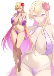 absurdres areola_slip barefoot bikini blonde_hair boryeon_(last_origin) breasts colored_inner_hair covered_erect_nipples earrings female full_body hair_ornament highres huge_breasts jewelry last_origin long_hair looking_at_viewer multicolored_hair pink_bikini pink_hair psychopolis purple_eyes simple_background solo swimsuit thighs toes white_background zoom_layer