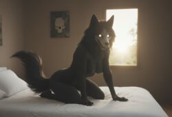 ai_generated anthro anthropomorphic beautiful bedroom big_breasts black_fur black_hair breasts breeding_request female fluffy_tail fur furry furry_only in_heat inviting_to_sex looking_at_viewer mal0 scp scp-1471 scp_foundation seductive seductive_look seductive_smile sexy sexy_body sexy_pose tits_out wet_pussy white_eyes wolf wolf_ears wolf_girl wolf_humanoid