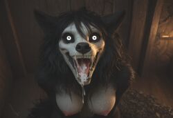 ai_generated anthro anthropomorphic beautiful bedroom big_breasts black_fur black_hair breasts breeding_request cum_dripping_from_mouth cum_in_mouth cum_on_breasts cumshot female fluffy_tail fur furry furry_only impregnation_request in_heat inviting_to_sex looking_at_viewer mal0 scp scp-1471 scp_foundation seductive seductive_look seductive_smile sexy sexy_body sexy_pose tits_out wet_pussy white_eyes wolf wolf_ears wolf_girl wolf_humanoid