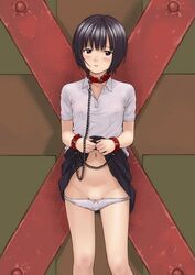 black_eyes black_hair blush bondage chains collar cuffs erect_nipples female highres kobayashi_yuji looking_at_viewer navel panties panty_pull pussy short_hair skirt skirt_lift solo standing underwear