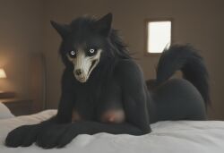 ai_generated anthro anthropomorphic beautiful bedroom big_breasts black_fur black_hair breasts breeding_request female fluffy_tail fur furry furry_only impregnation_request in_heat inviting_to_sex looking_at_viewer mal0 scp scp-1471 scp_foundation seductive seductive_look seductive_smile sexy sexy_body sexy_pose tits_out wet_pussy white_eyes wolf wolf_ears wolf_girl wolf_humanoid