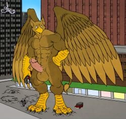 abs anthro avian balls beak brown_body building carpo city cityscape claws crush destruction erection extreme_size_difference feathered_wings feathers feet finger_claws foot_crush footprint genitals gryphon hi_res house humanoid_genitalia humanoid_penis macro macro_anthro male modem_redpill muscular muscular_anthro muscular_male mythological_avian mythological_creature mythology nude outside pawpads pawprint paws pecs penile penis pyronite(commissioner) rampage size_difference solo stomping tail toe_claws toes vehicle vehicle_destruction vein veiny_penis wings