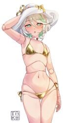 1girls 2d 2d_(artwork) alternate_costume bikini bikini_bottom blush cecilia_immergreen covering_breasts doll doll_girl doll_joints fanart fanart_from_twitter female female_focus female_only front_view golden_bikini golden_bikini_bottom golden_bikini_top golden_swimsuit green_eyes green_hair hat high_resolution highres holding_hat hololive hololive_english hololive_english_-justice- light-skinned_female light_skin looking_at_viewer revealing_swimsuit short_hair simple_background slim_girl small_breasts solo solo_female solo_focus standing swimsuit swimwear takoroki thong thong_bikini two_piece_swimsuit two_tone_hair virtual_youtuber vtuber vtuberfanart white_background white_hair young younger_female
