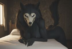 ai_generated anthro anthropomorphic beautiful bedroom big_breasts black_fur black_hair breasts breeding_request female fluffy_tail fur furry furry_only impregnation_request in_heat inviting_to_sex looking_at_viewer mal0 scp scp-1471 scp_foundation seductive seductive_look seductive_smile sexy sexy_body sexy_pose tits_out wet_pussy white_eyes wolf wolf_ears wolf_girl wolf_humanoid