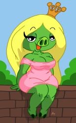 1girls angry_birds anthro blonde_hair breasts chubby chubby_female clothed clothes clothing crown curvy curvy_female cute dress female furry furry_female green_skin humanoid lilievilla looking_at_viewer pig princess rovio rovio_entertainment seductive smile smiling smiling_at_viewer solo solo_female thighs wall